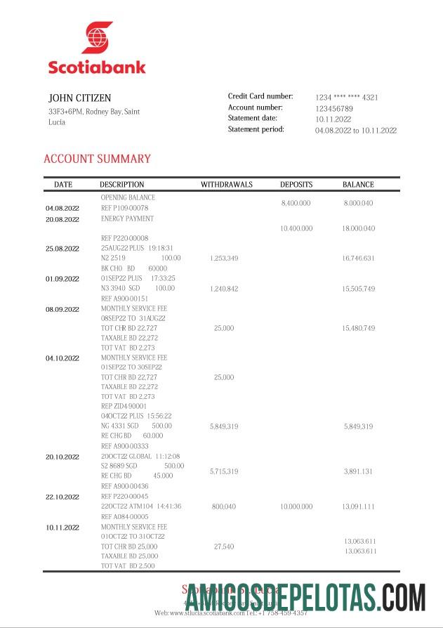 Saint Lucia Scotiabank Bank Statement examplo